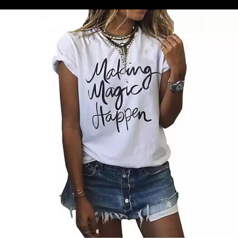 White graphic tee making magic happen NWOT